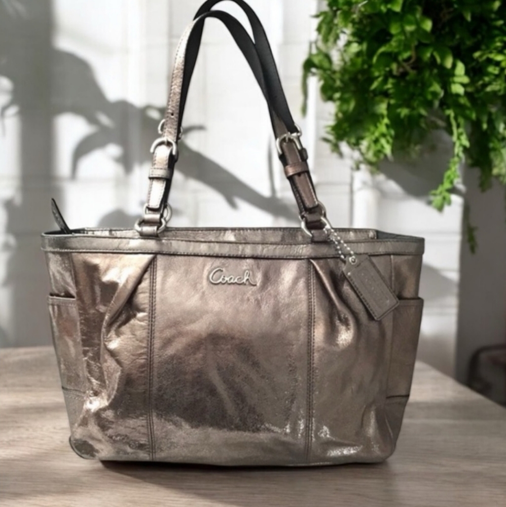 COACH Gallery Tote Pewter Metallic Silver Leather Handbag